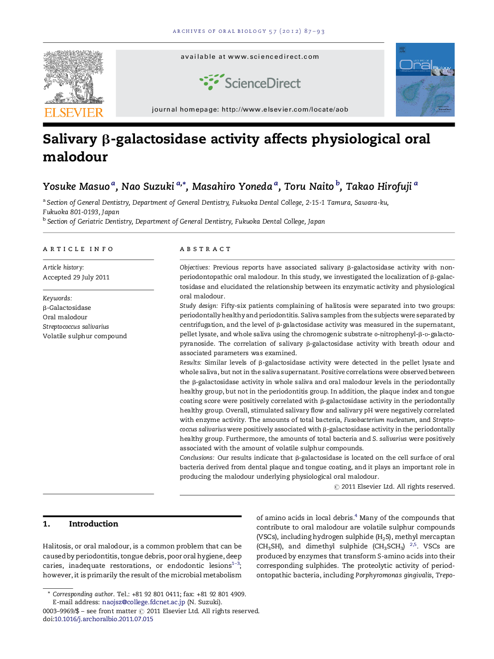 Salivary Î²-galactosidase activity affects physiological oral malodour