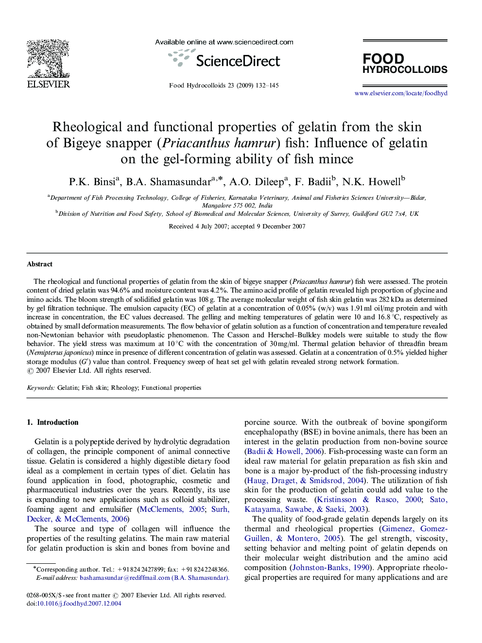 Rheological and functional properties of gelatin from the skin of Bigeye snapper (Priacanthus hamrur) fish: Influence of gelatin on the gel-forming ability of fish mince