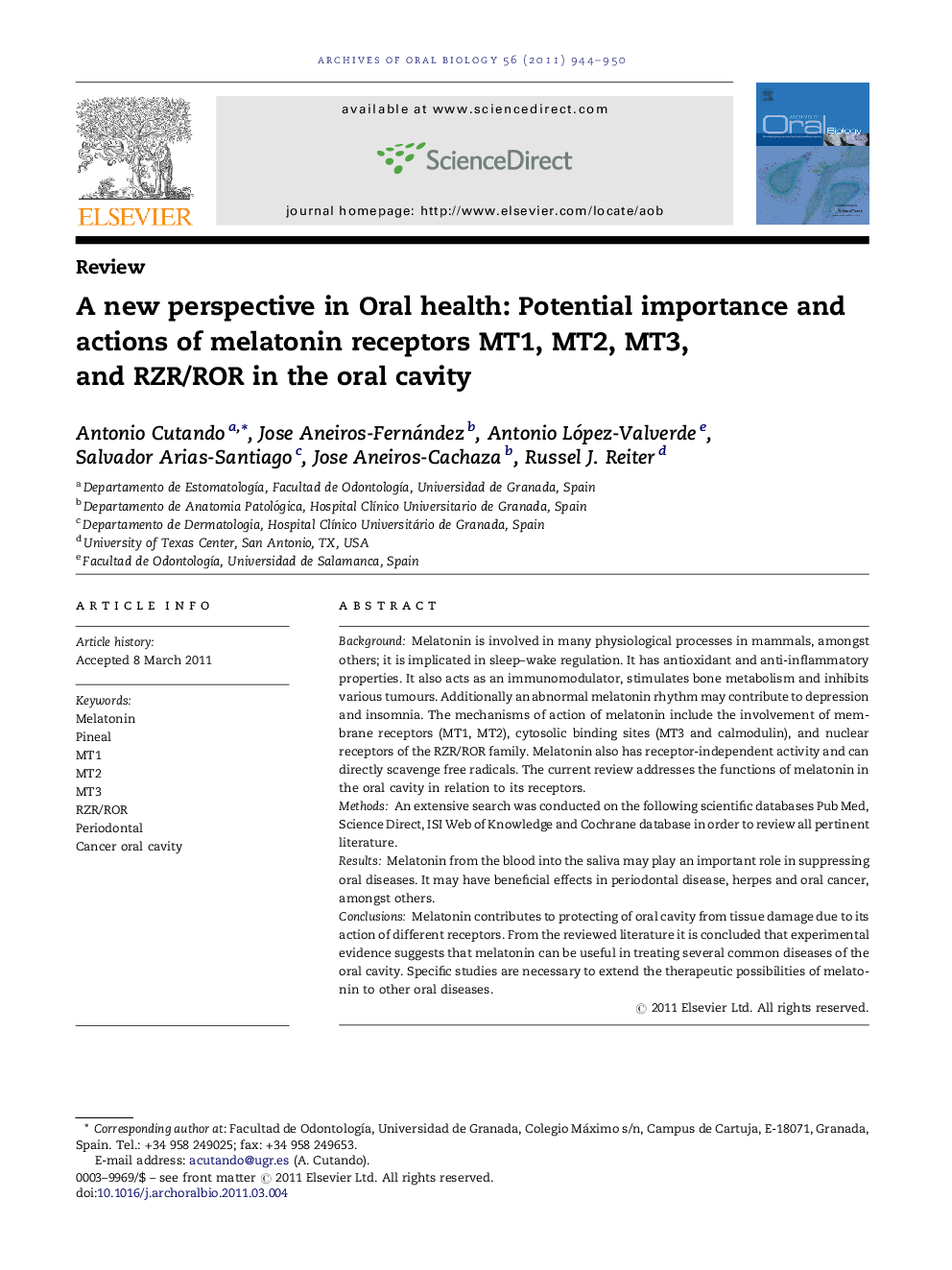 ReviewA new perspective in Oral health: Potential importance and actions of melatonin receptors MT1, MT2, MT3, and RZR/ROR in the oral cavity