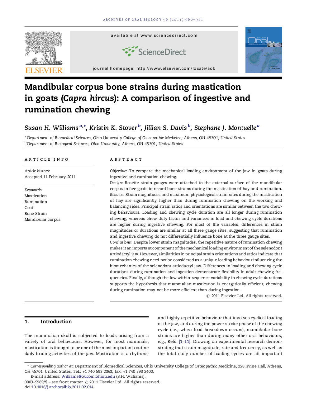 Mandibular corpus bone strains during mastication in goats (Capra hircus): A comparison of ingestive and rumination chewing