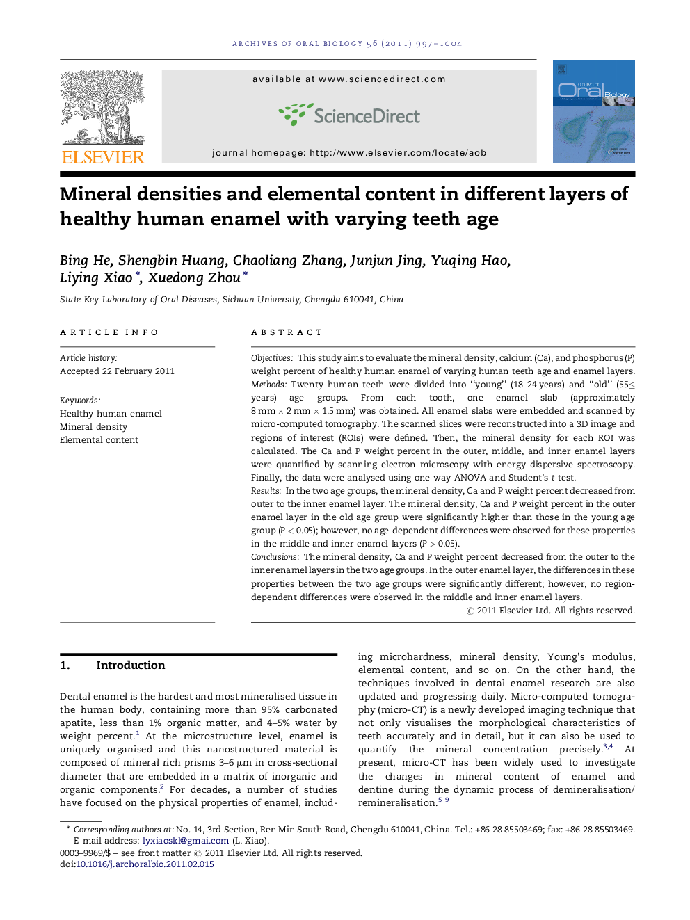 Mineral densities and elemental content in different layers of healthy human enamel with varying teeth age