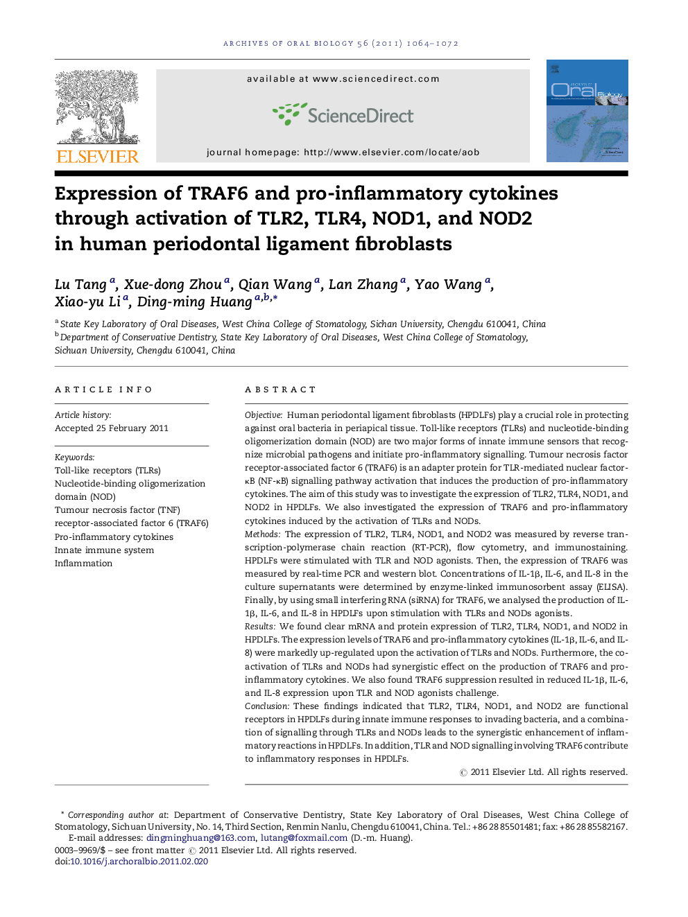 Expression of TRAF6 and pro-inflammatory cytokines through activation of TLR2, TLR4, NOD1, and NOD2 in human periodontal ligament fibroblasts