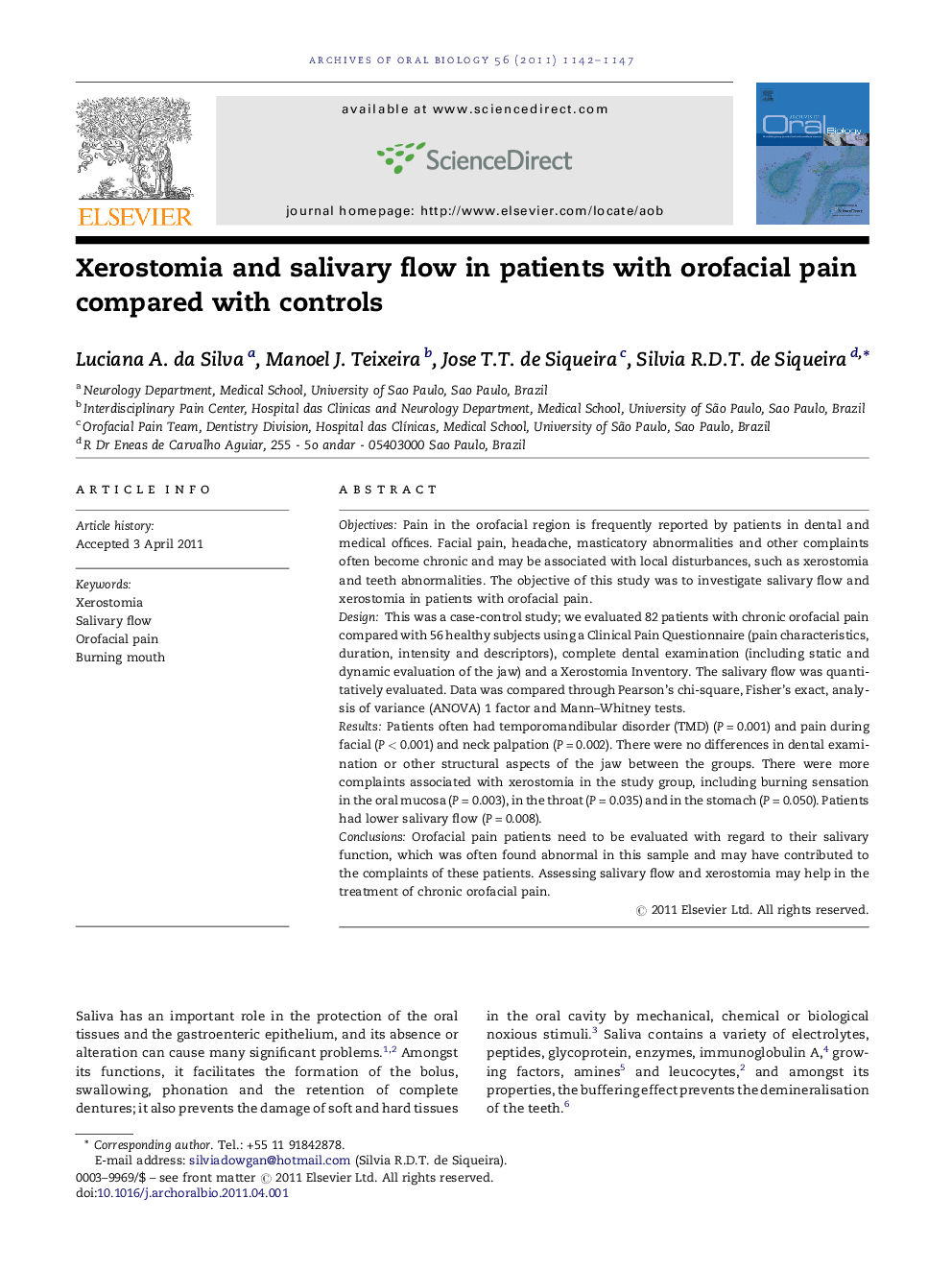 عکس صفحه اول مقاله: Xerostomia and salivary flow in patients with orofacial pain compared with controls Xerostomia and salivary flow in patients with orofacial pain compared with controls
