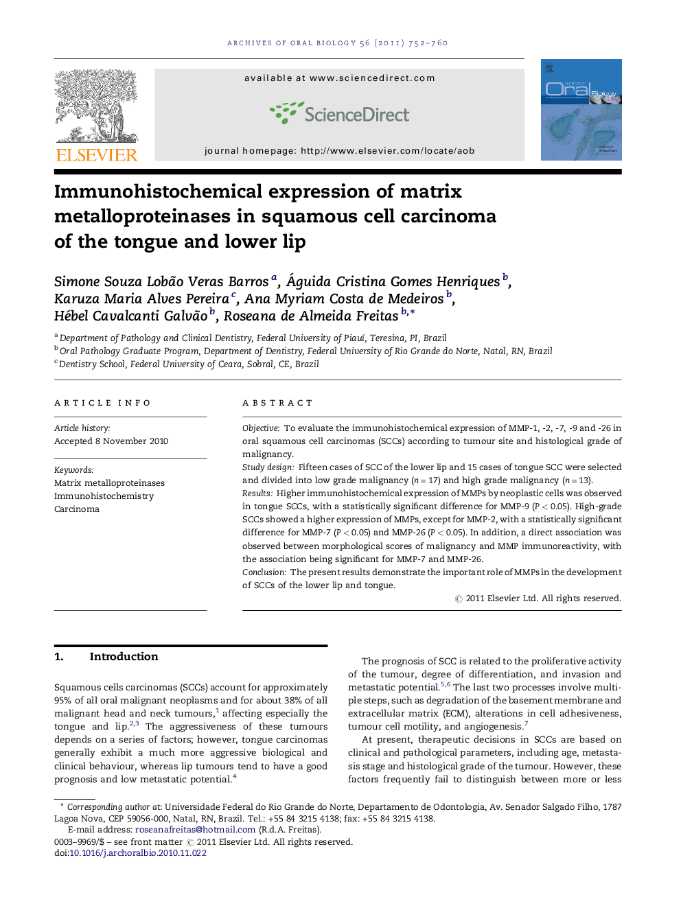 Immunohistochemical expression of matrix metalloproteinases in squamous cell carcinoma of the tongue and lower lip