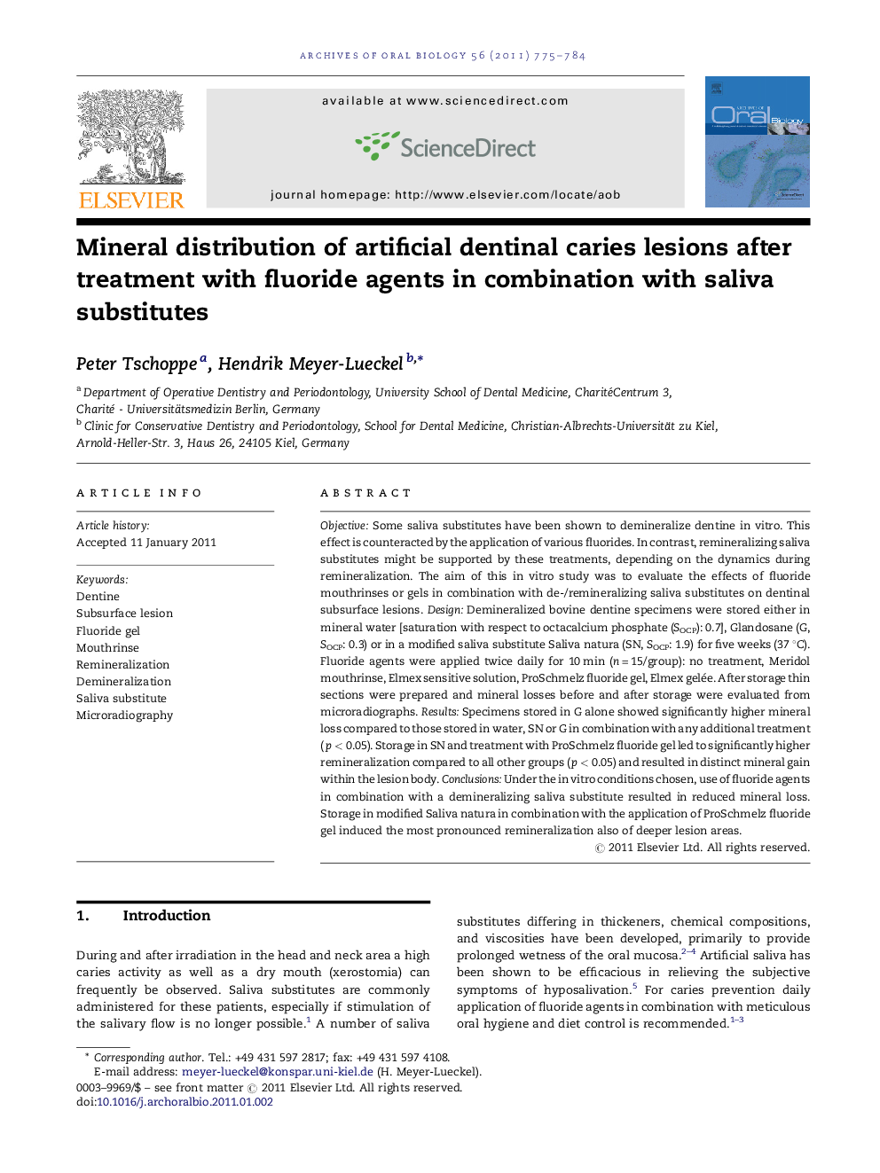 Mineral distribution of artificial dentinal caries lesions after treatment with fluoride agents in combination with saliva substitutes