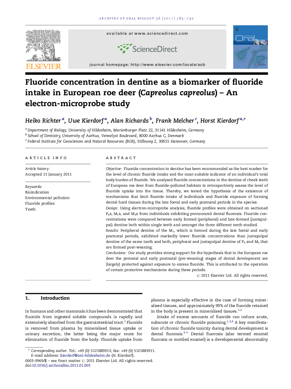 Fluoride concentration in dentine as a biomarker of fluoride intake in European roe deer (Capreolus capreolus) - An electron-microprobe study