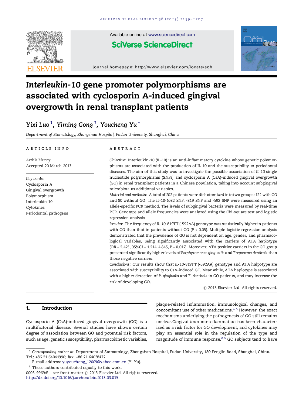 Interleukin-10 gene promoter polymorphisms are associated with cyclosporin A-induced gingival overgrowth in renal transplant patients