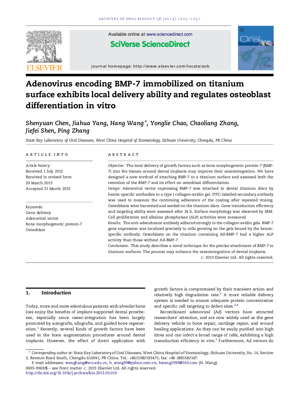 Adenovirus encoding BMP-7 immobilized on titanium surface exhibits local delivery ability and regulates osteoblast differentiation in vitro