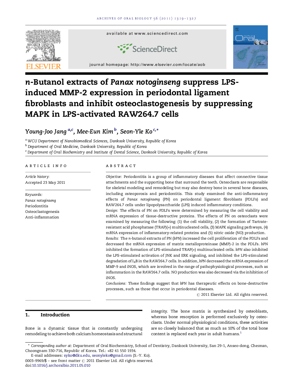 n-Butanol extracts of Panax notoginseng suppress LPS-induced MMP-2 expression in periodontal ligament fibroblasts and inhibit osteoclastogenesis by suppressing MAPK in LPS-activated RAW264.7 cells