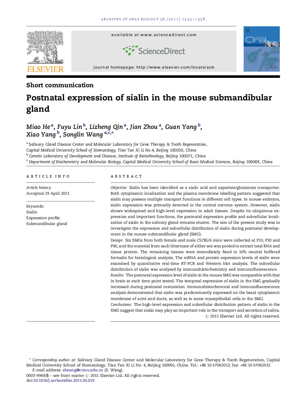 Postnatal expression of sialin in the mouse submandibular gland