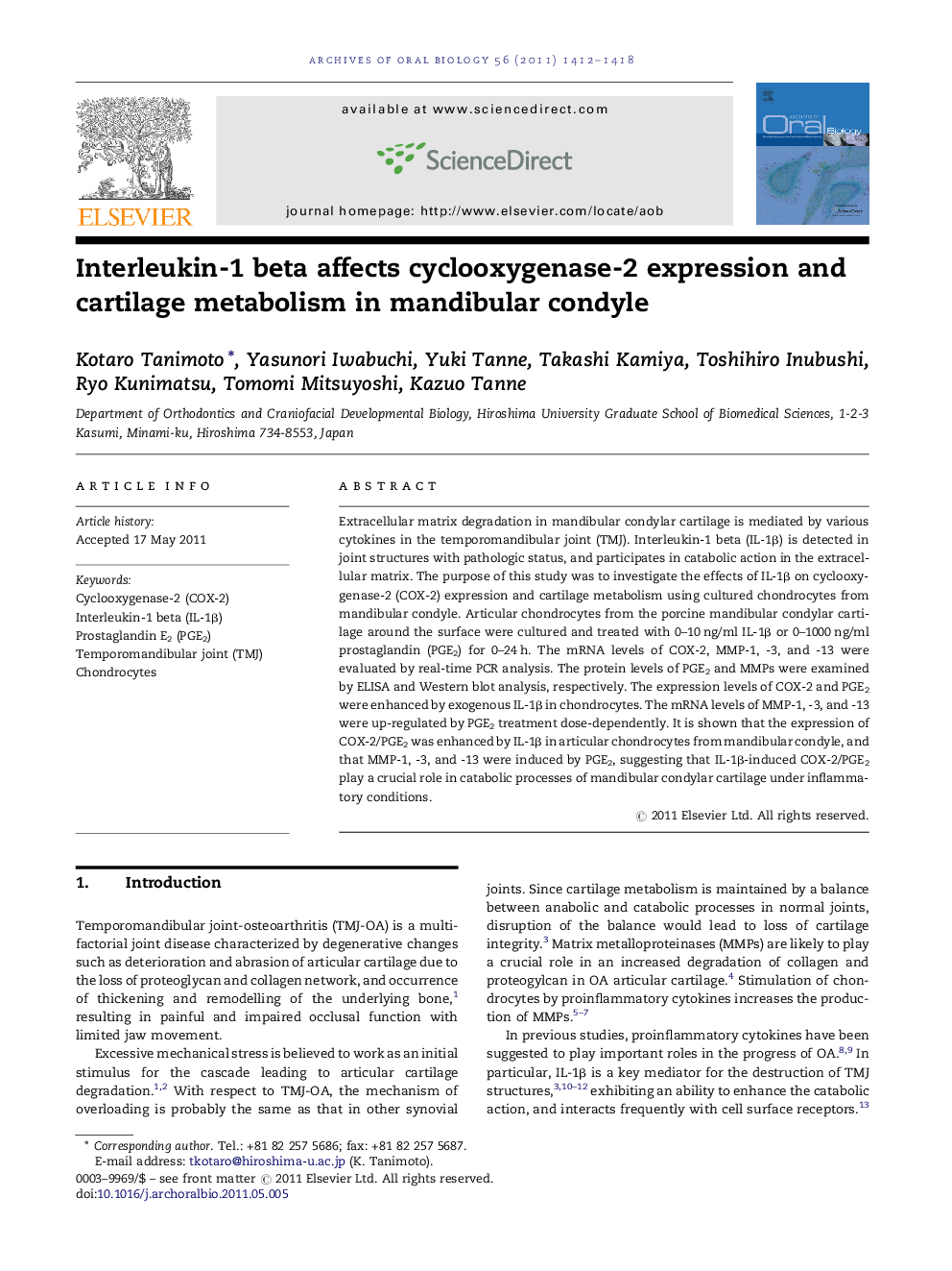 Interleukin-1 beta affects cyclooxygenase-2 expression and cartilage metabolism in mandibular condyle