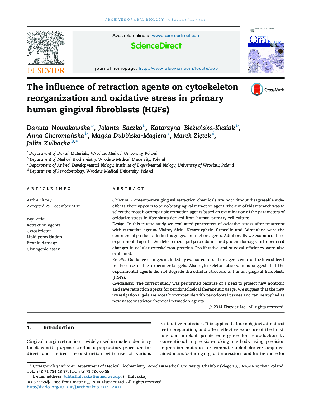 The influence of retraction agents on cytoskeleton reorganization and oxidative stress in primary human gingival fibroblasts (HGFs)