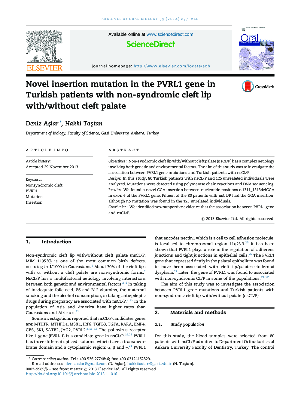 Novel insertion mutation in the PVRL1 gene in Turkish patients with non-syndromic cleft lip with/without cleft palate