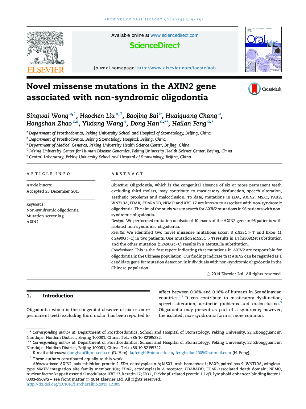 Novel missense mutations in the AXIN2 gene associated with non-syndromic oligodontia