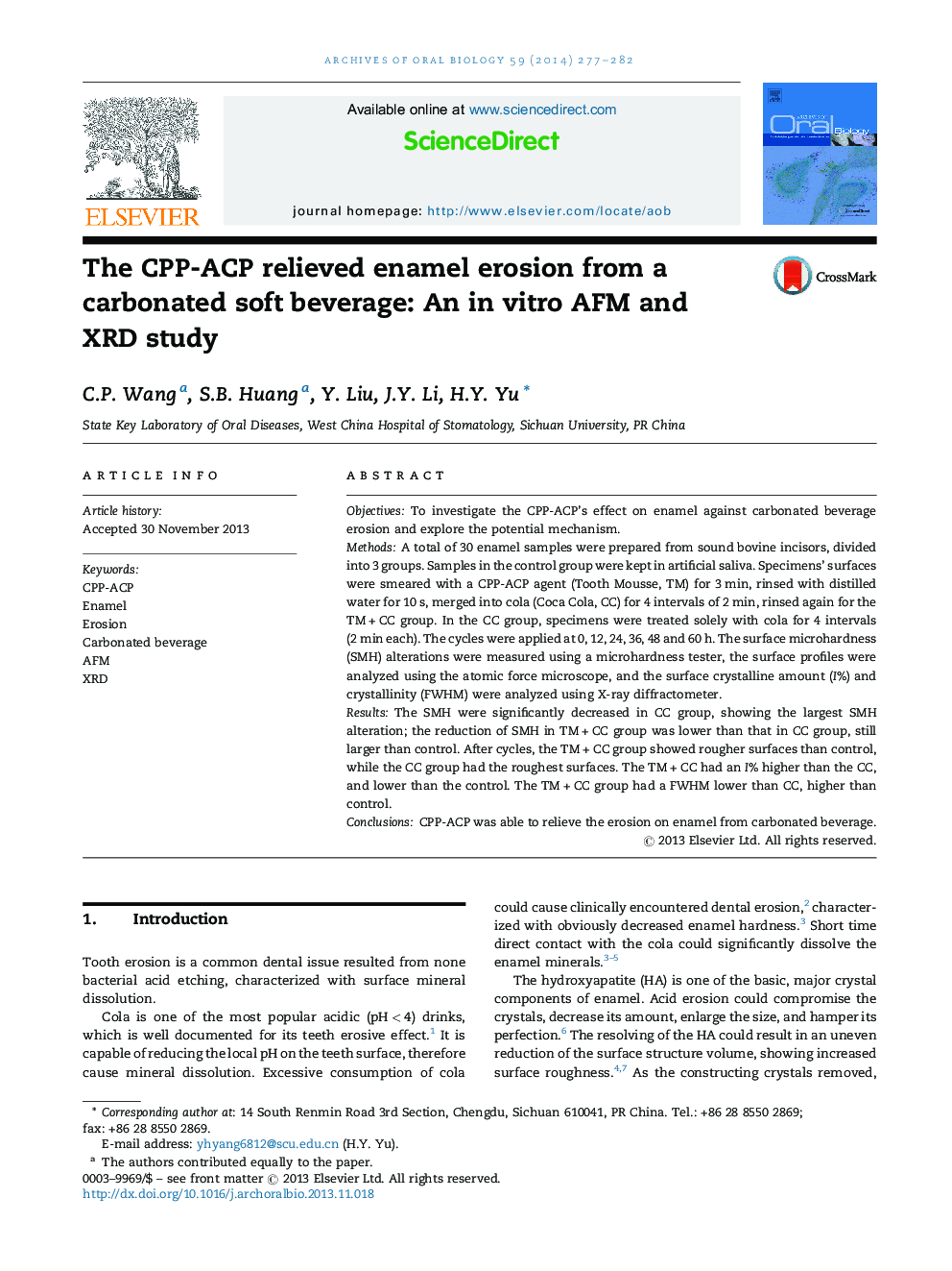 The CPP-ACP relieved enamel erosion from a carbonated soft beverage: An in vitro AFM and XRD study