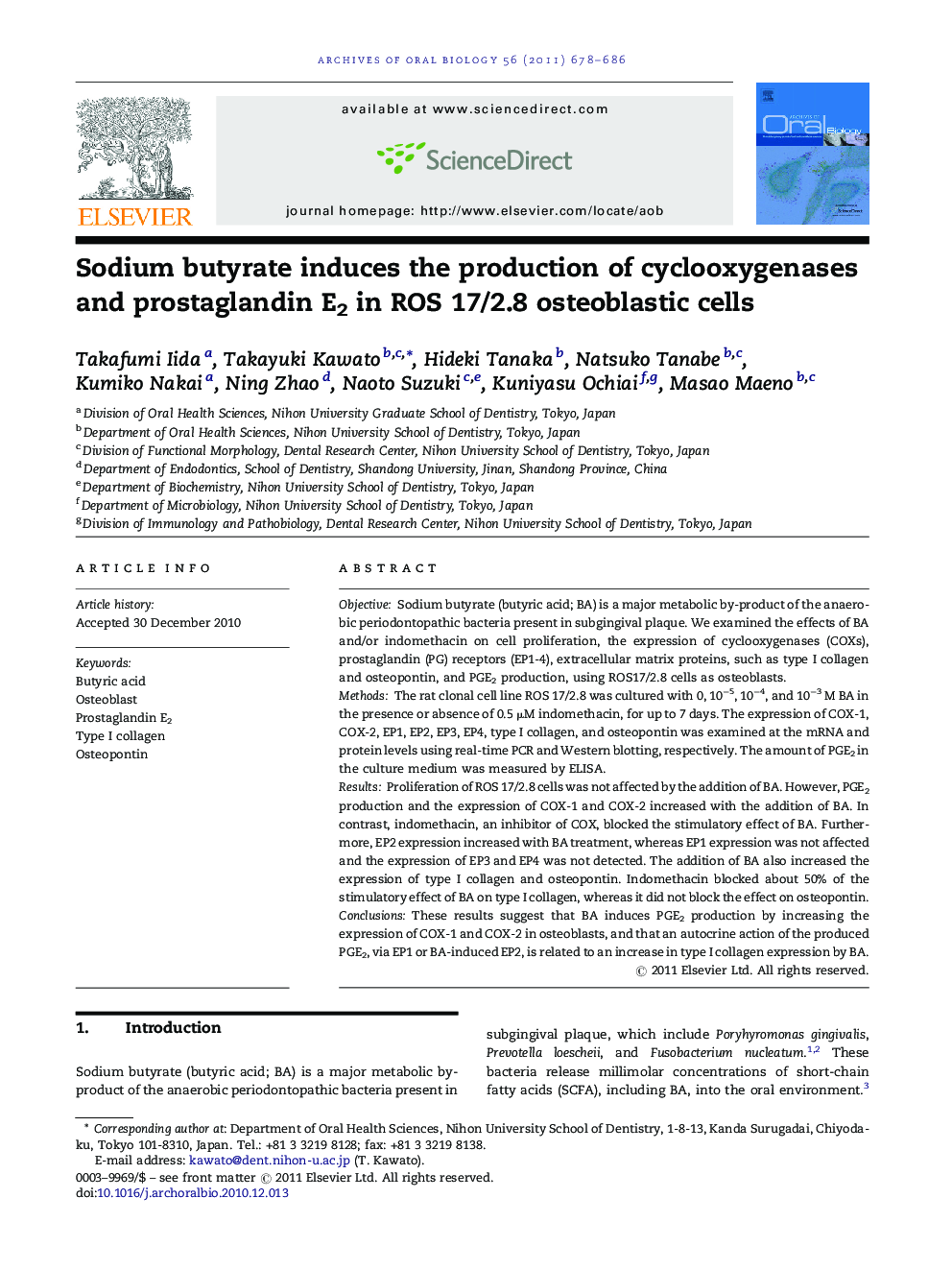 عکس صفحه اول مقاله: Sodium butyrate induces the production of cyclooxygenases and prostaglandin E2 in ROS 17/2.8 osteoblastic cells Sodium butyrate induces the production of cyclooxygenases and prostaglandin E2 in ROS 17/2.8 osteoblastic cells