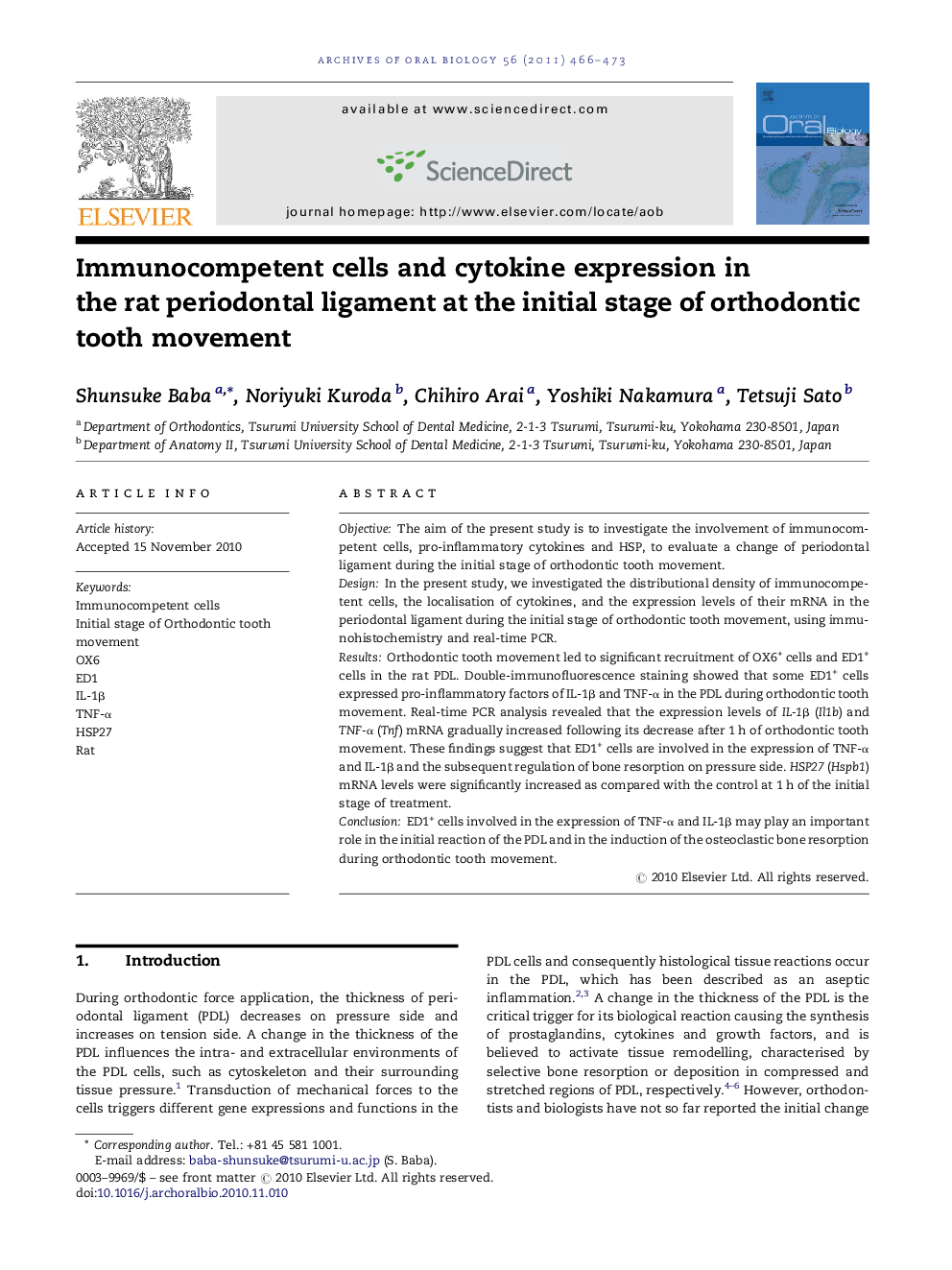 Immunocompetent cells and cytokine expression in the rat periodontal ligament at the initial stage of orthodontic tooth movement