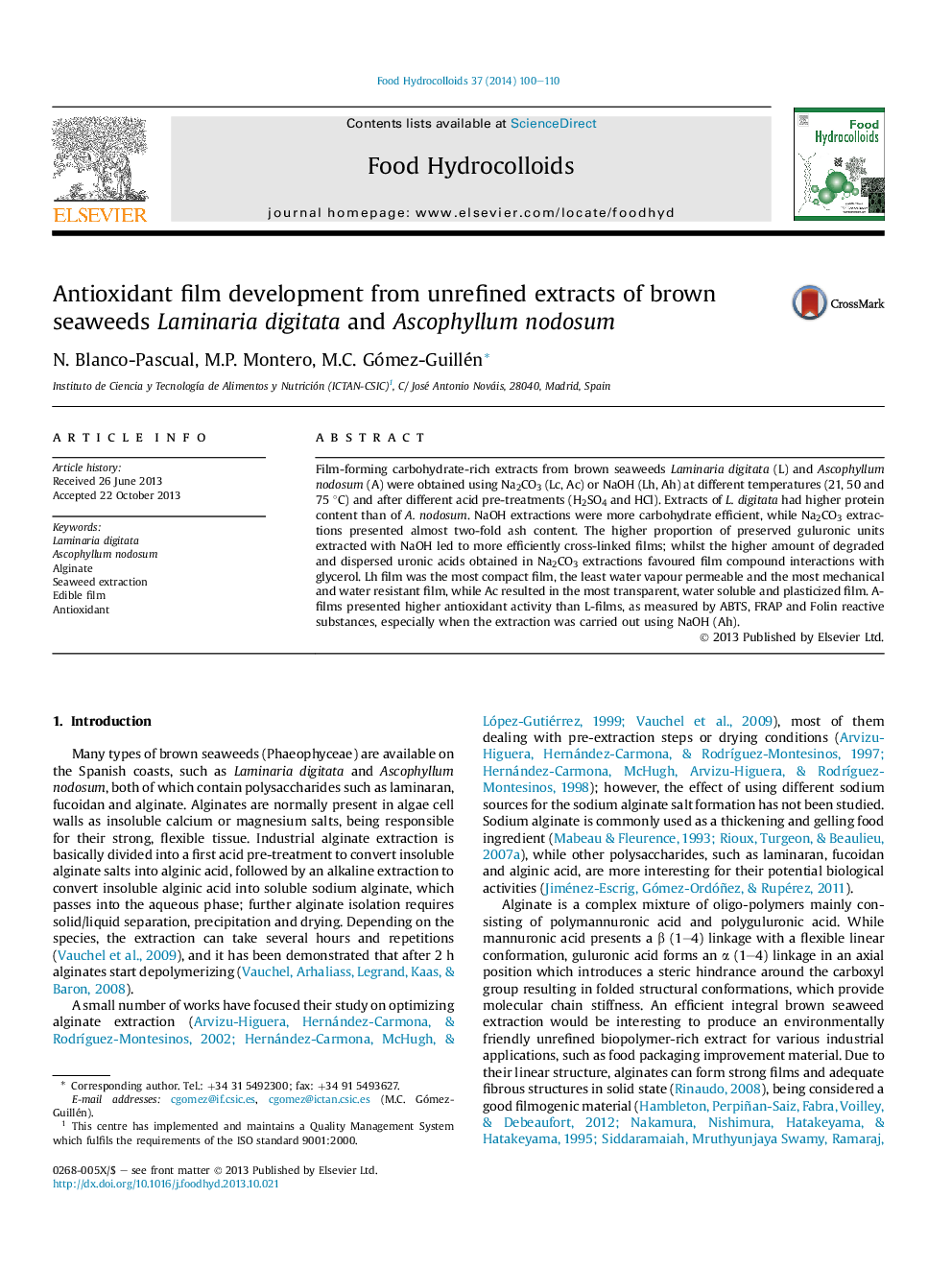 Antioxidant film development from unrefined extracts of brown seaweeds Laminaria digitata and Ascophyllum nodosum