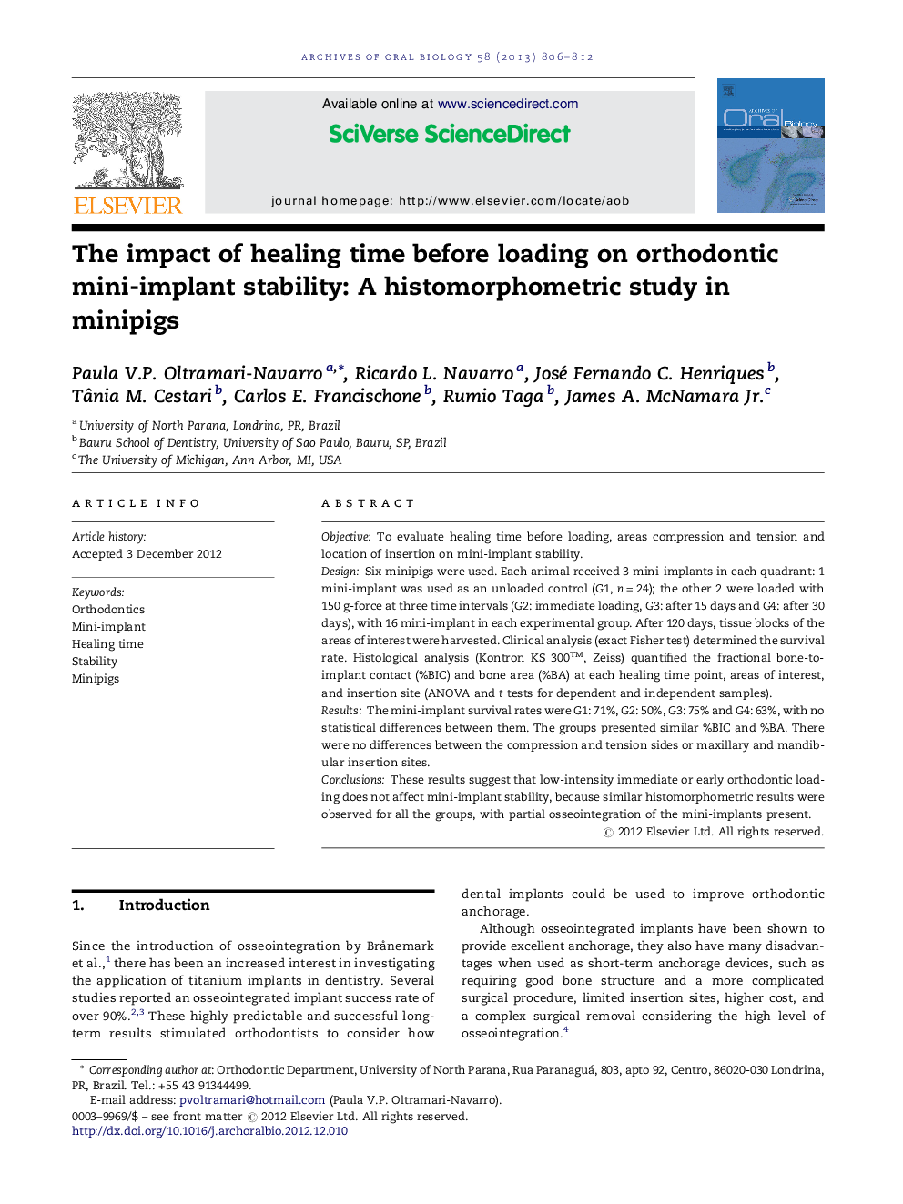 The impact of healing time before loading on orthodontic mini-implant stability: A histomorphometric study in minipigs