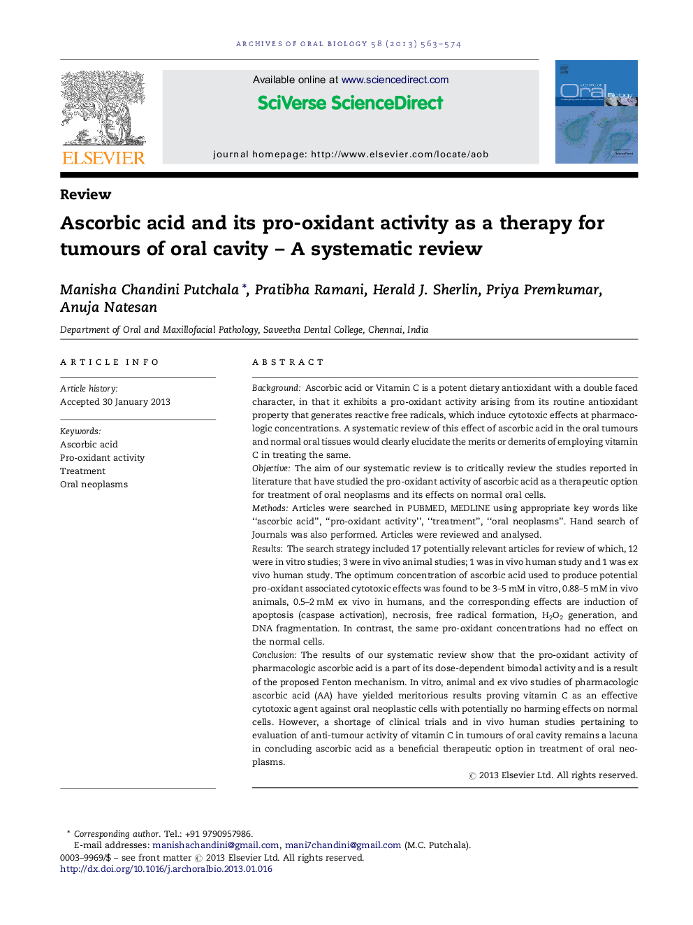 ReviewAscorbic acid and its pro-oxidant activity as a therapy for tumours of oral cavity - A systematic review