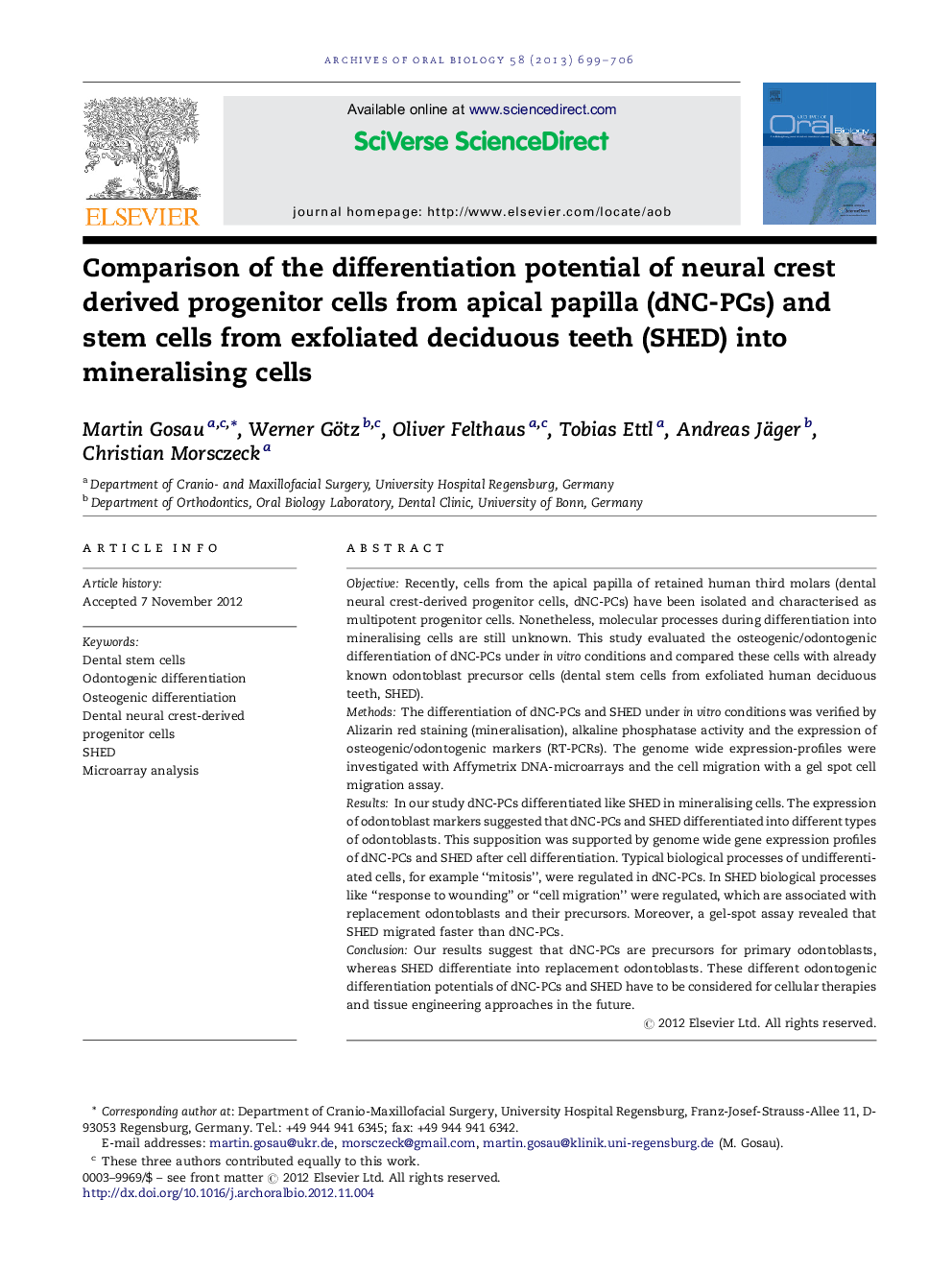 Comparison of the differentiation potential of neural crest derived progenitor cells from apical papilla (dNC-PCs) and stem cells from exfoliated deciduous teeth (SHED) into mineralising cells