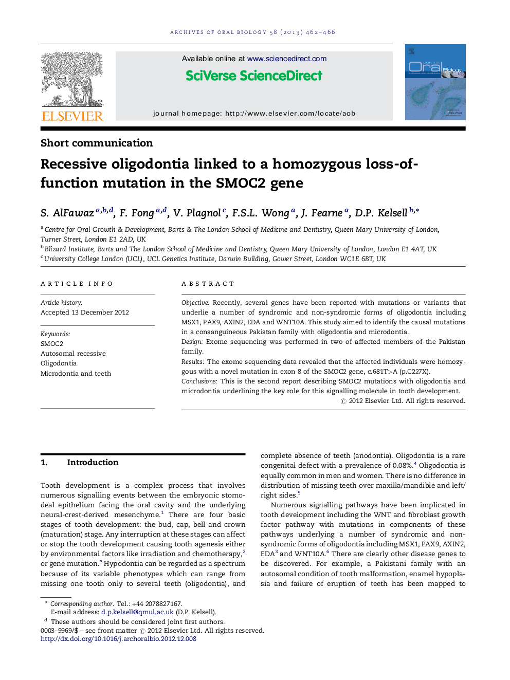 Recessive oligodontia linked to a homozygous loss-of-function mutation in the SMOC2 gene