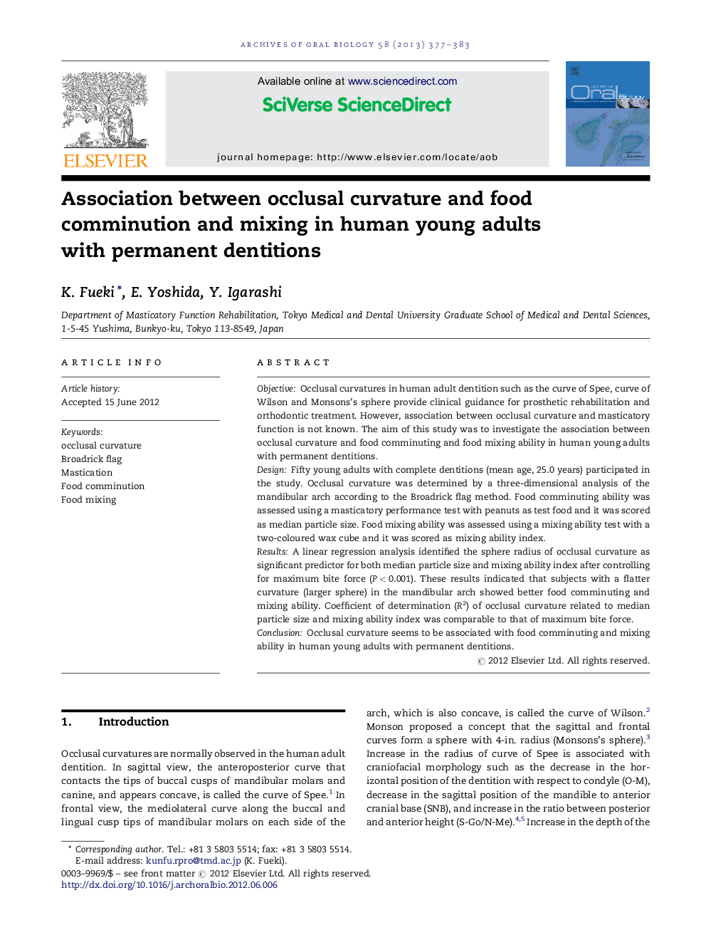 Association between occlusal curvature and food comminution and mixing in human young adults with permanent dentitions