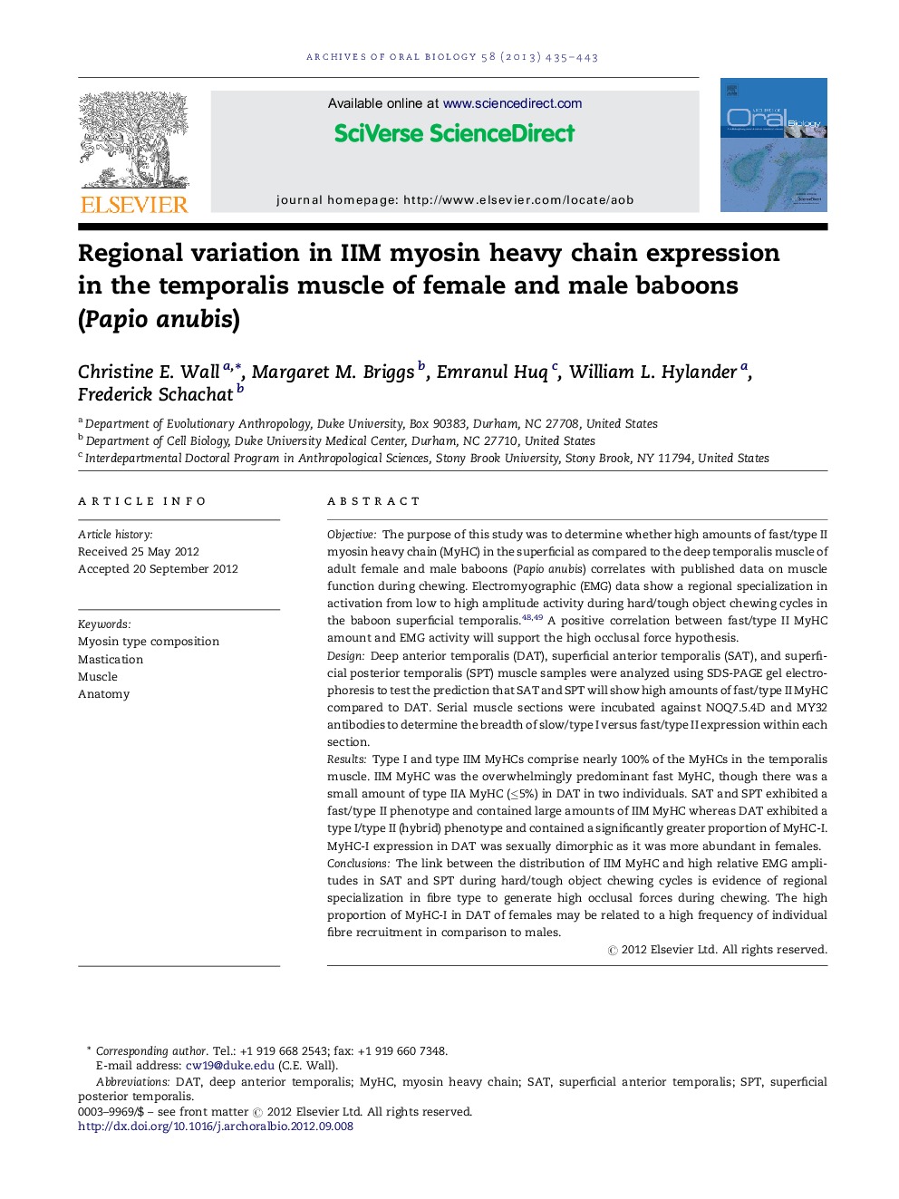 Regional variation in IIM myosin heavy chain expression in the temporalis muscle of female and male baboons (Papio anubis)