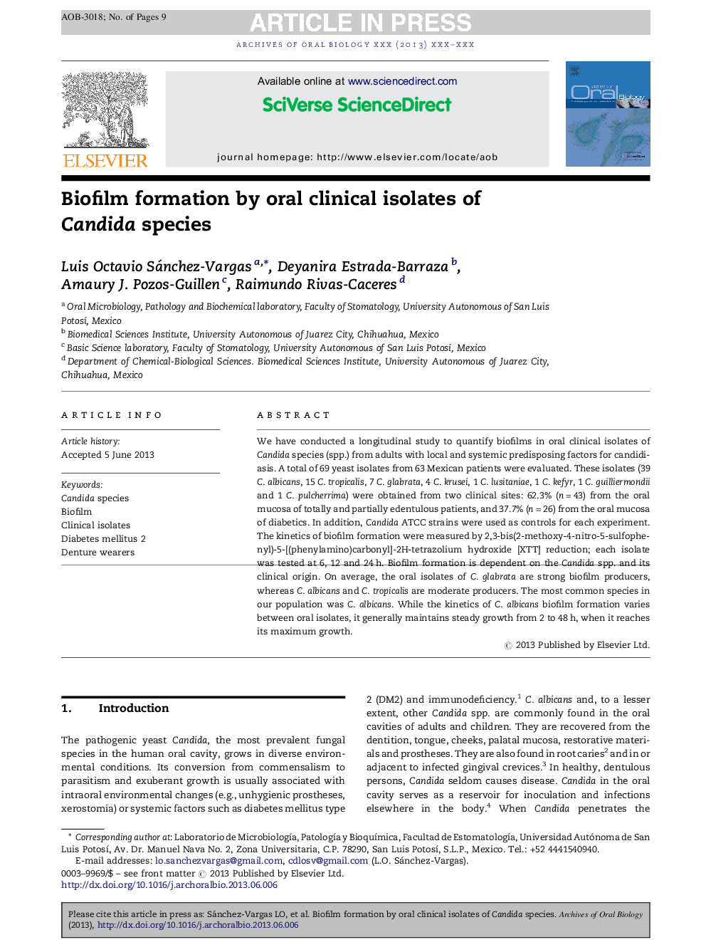 Biofilm formation by oral clinical isolates of Candida species