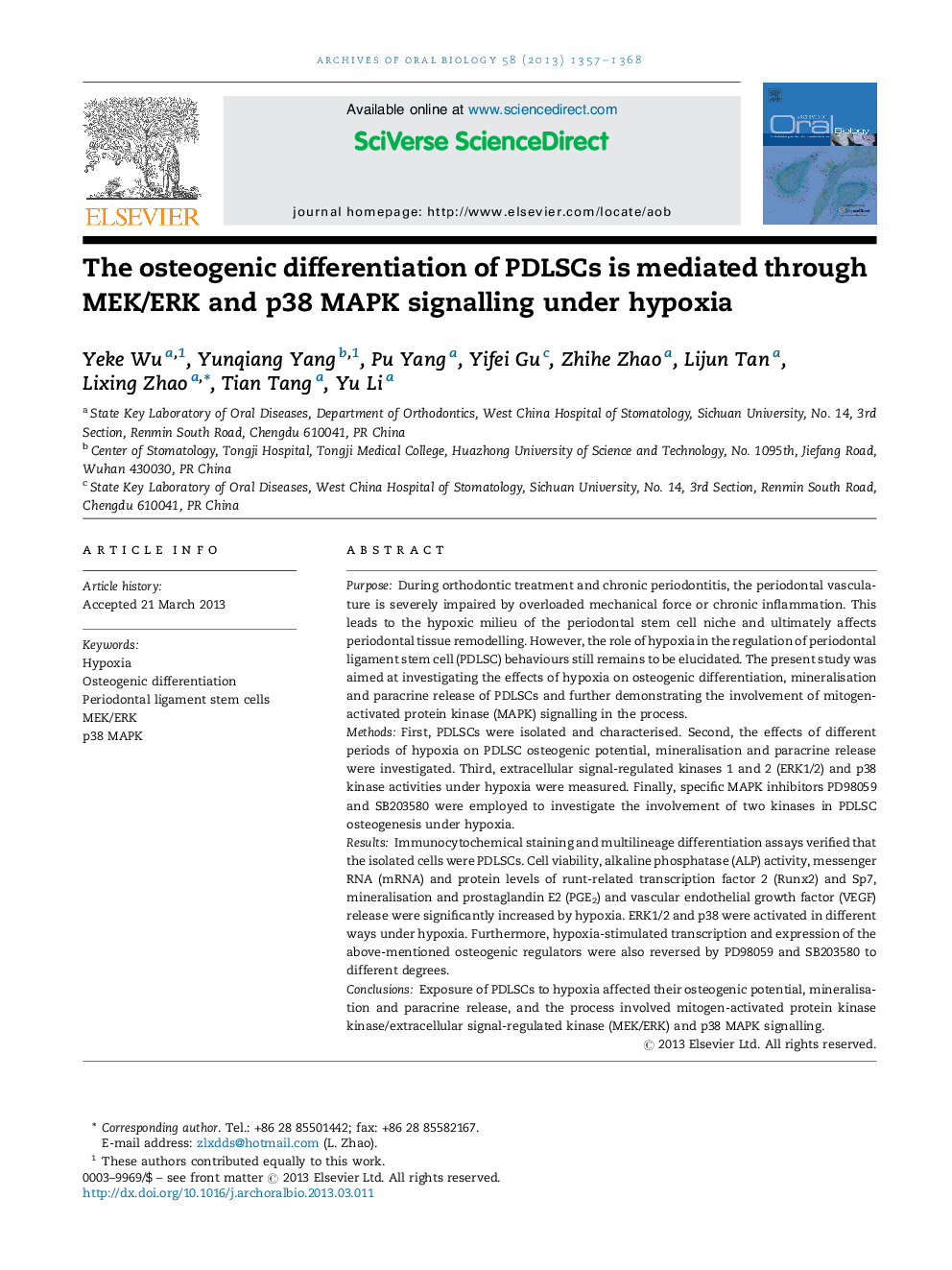 The osteogenic differentiation of PDLSCs is mediated through MEK/ERK and p38 MAPK signalling under hypoxia