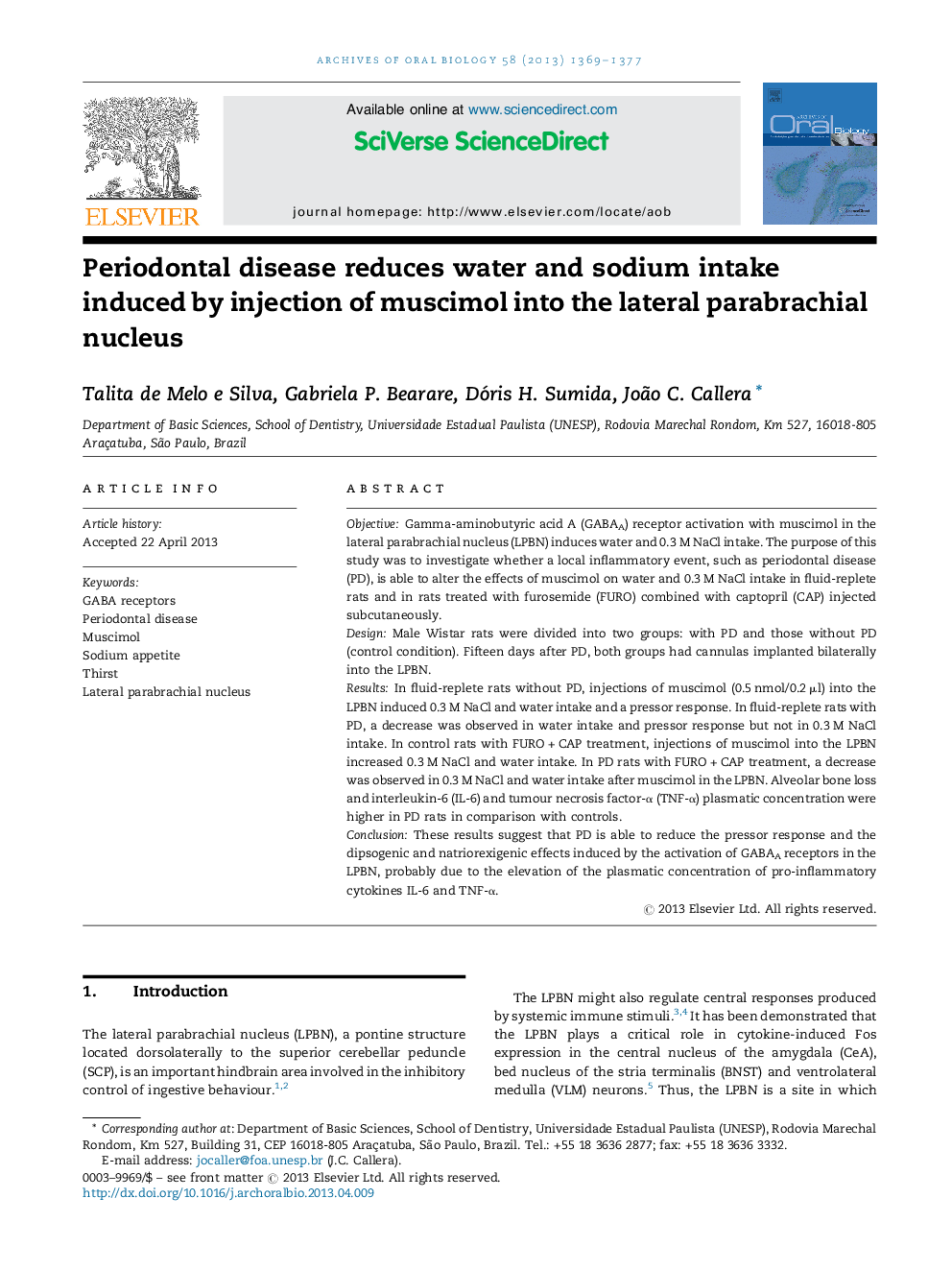 Periodontal disease reduces water and sodium intake induced by injection of muscimol into the lateral parabrachial nucleus