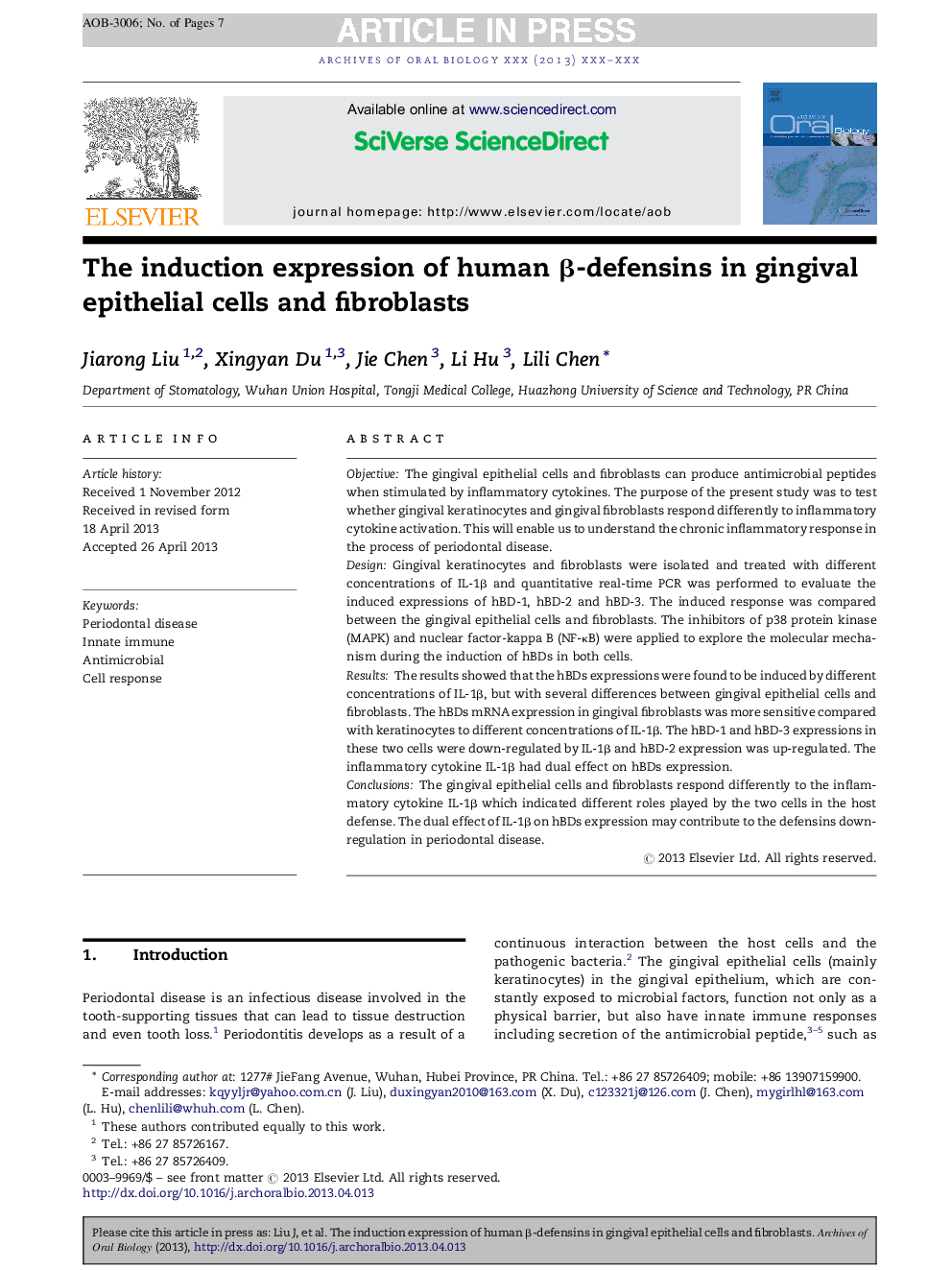 The induction expression of human Î²-defensins in gingival epithelial cells and fibroblasts