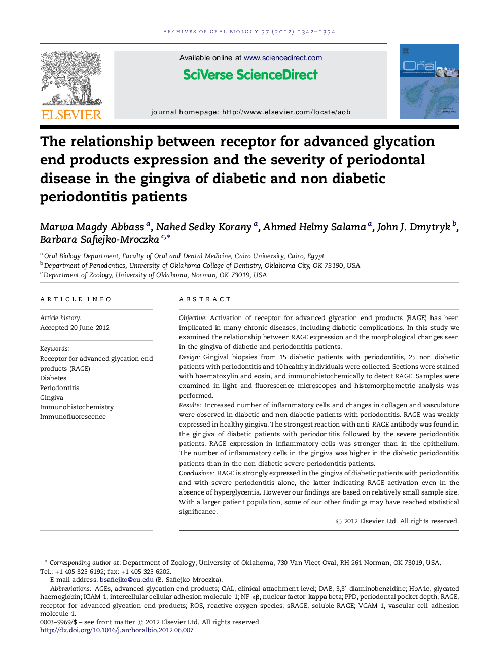 The relationship between receptor for advanced glycation end products expression and the severity of periodontal disease in the gingiva of diabetic and non diabetic periodontitis patients