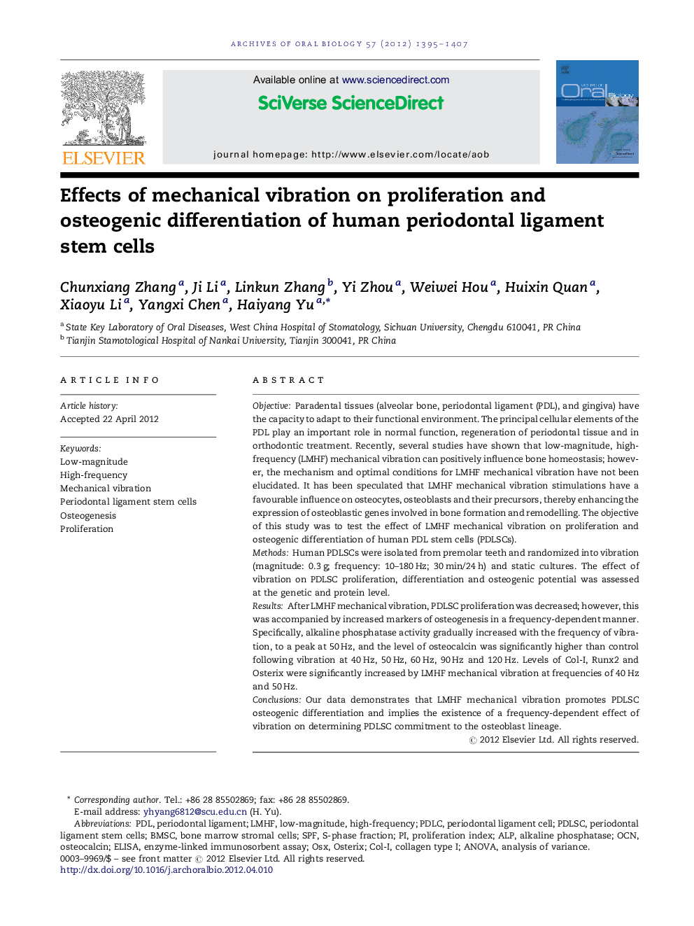 Effects of mechanical vibration on proliferation and osteogenic differentiation of human periodontal ligament stem cells