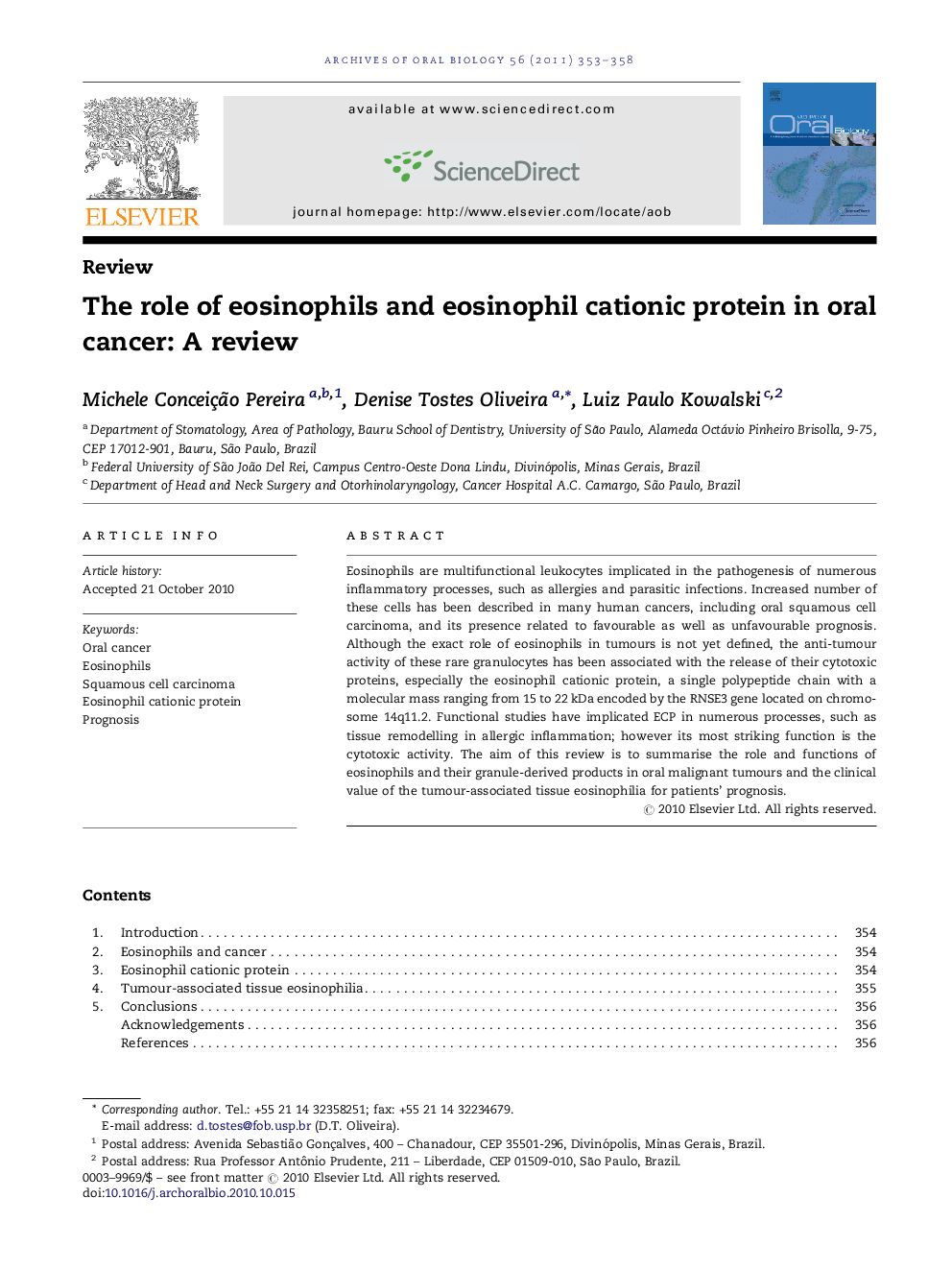 The role of eosinophils and eosinophil cationic protein in oral cancer: A review