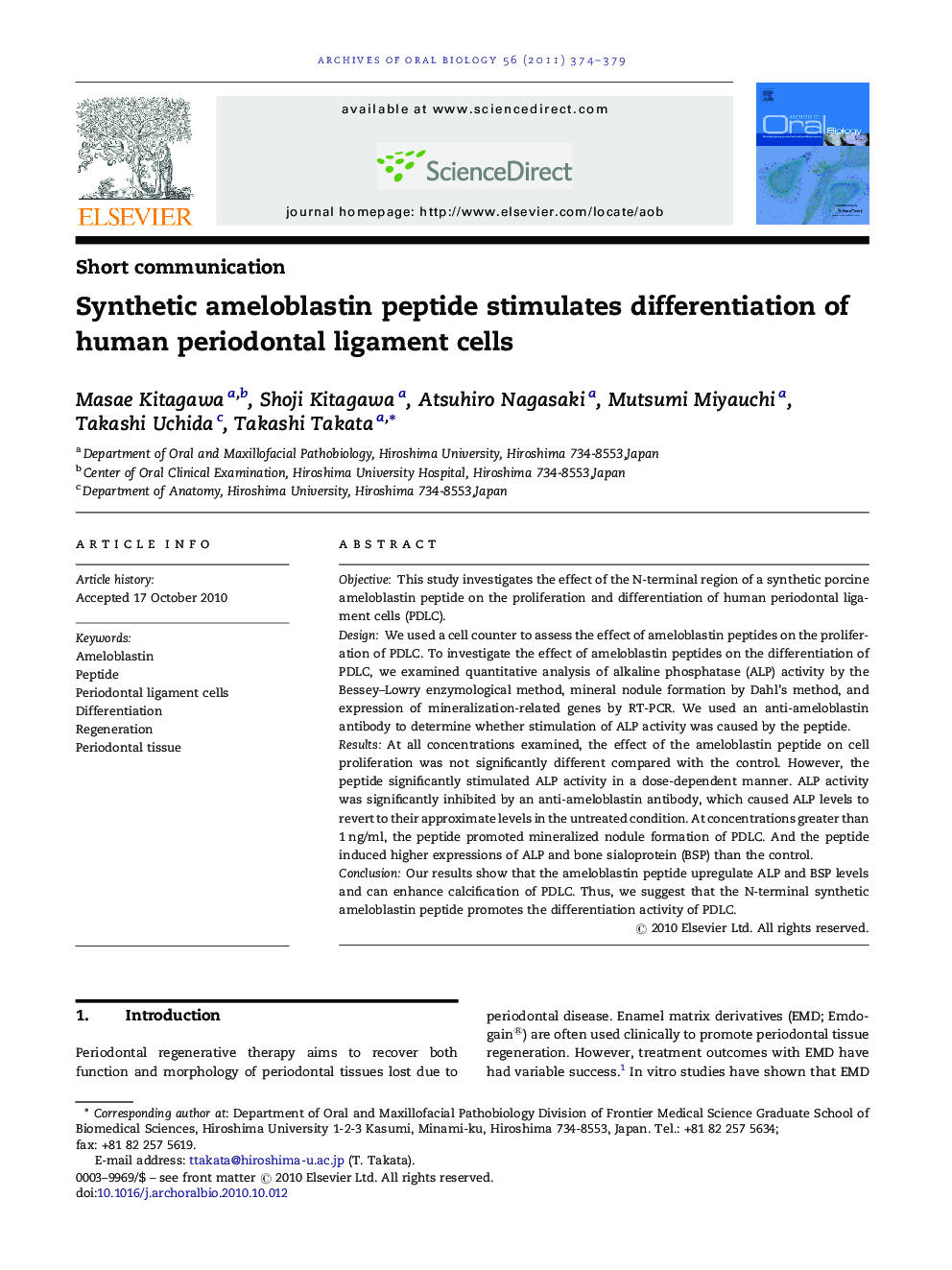 Synthetic ameloblastin peptide stimulates differentiation of human periodontal ligament cells