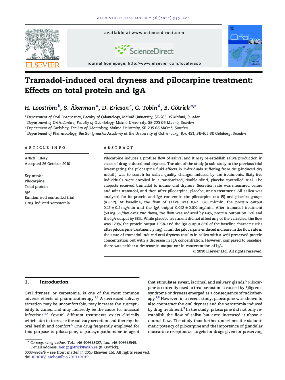 Tramadol-induced oral dryness and pilocarpine treatment: Effects on total protein and IgA