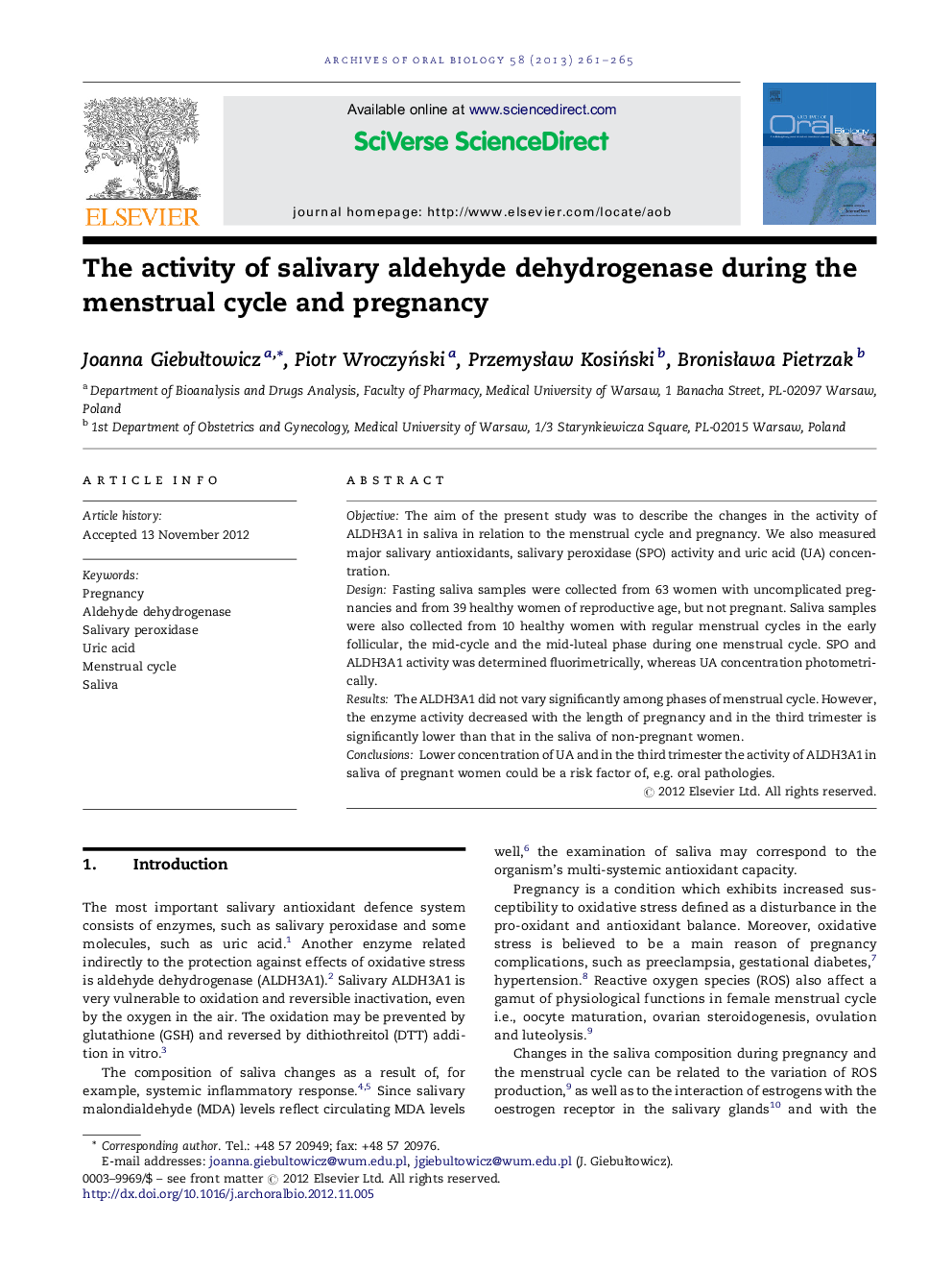 The activity of salivary aldehyde dehydrogenase during the menstrual cycle and pregnancy