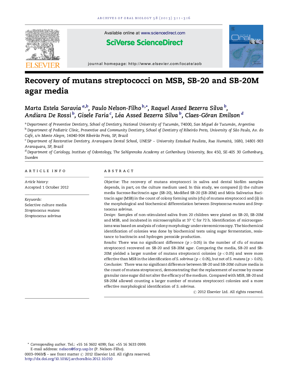 Recovery of mutans streptococci on MSB, SB-20 and SB-20M agar media