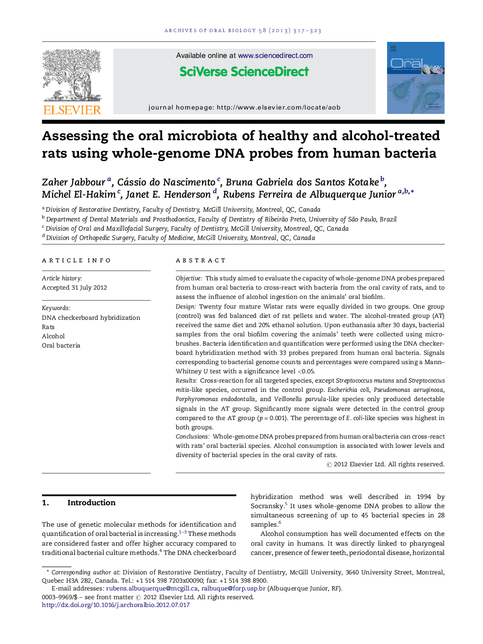 Assessing the oral microbiota of healthy and alcohol-treated rats using whole-genome DNA probes from human bacteria