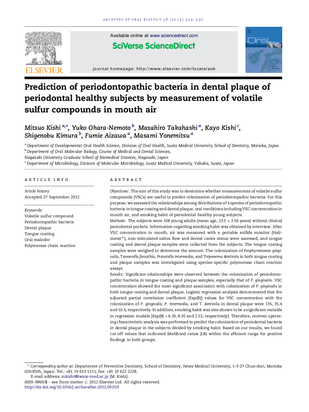 Prediction of periodontopathic bacteria in dental plaque of periodontal healthy subjects by measurement of volatile sulfur compounds in mouth air