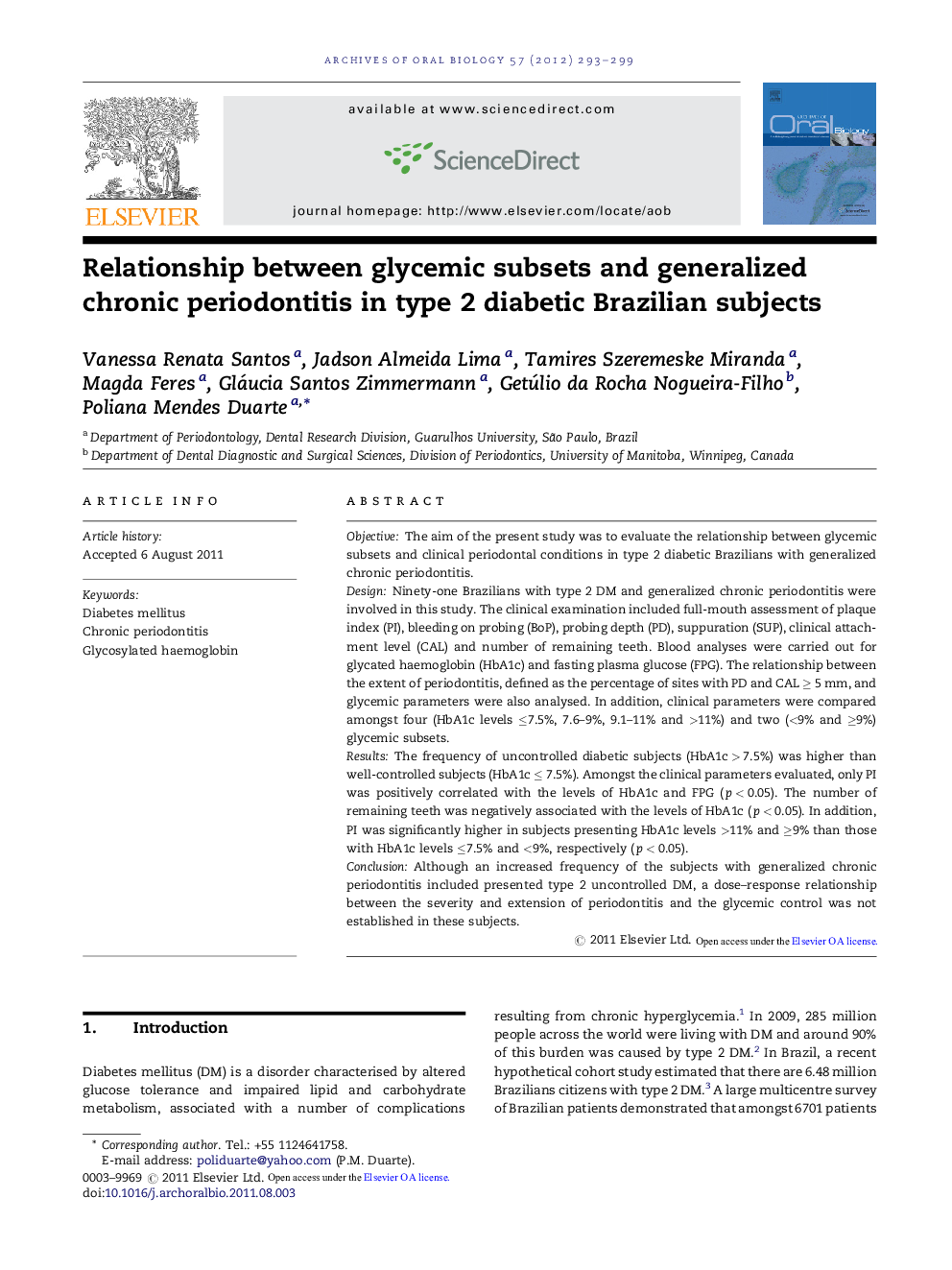 Relationship between glycemic subsets and generalized chronic periodontitis in type 2 diabetic Brazilian subjects