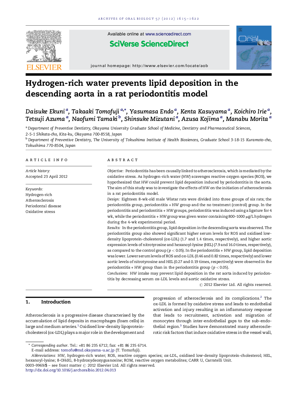 Hydrogen-rich water prevents lipid deposition in the descending aorta in a rat periodontitis model