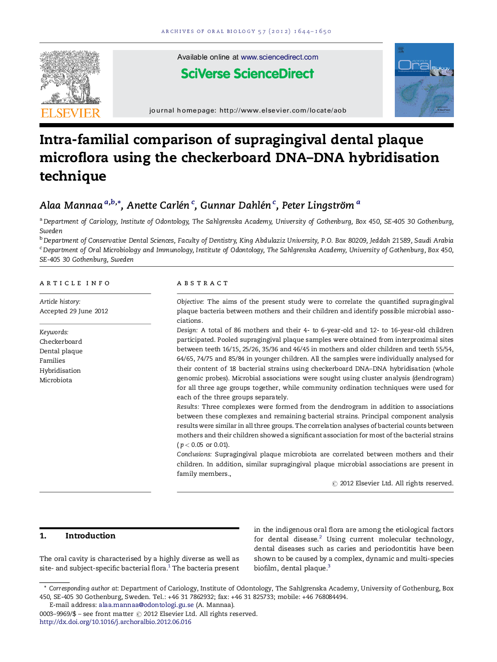 Intra-familial comparison of supragingival dental plaque microflora using the checkerboard DNA-DNA hybridisation technique