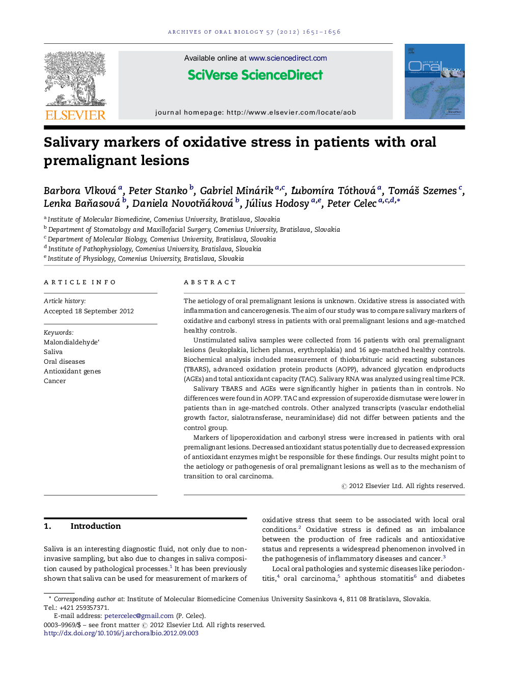 Salivary markers of oxidative stress in patients with oral premalignant lesions