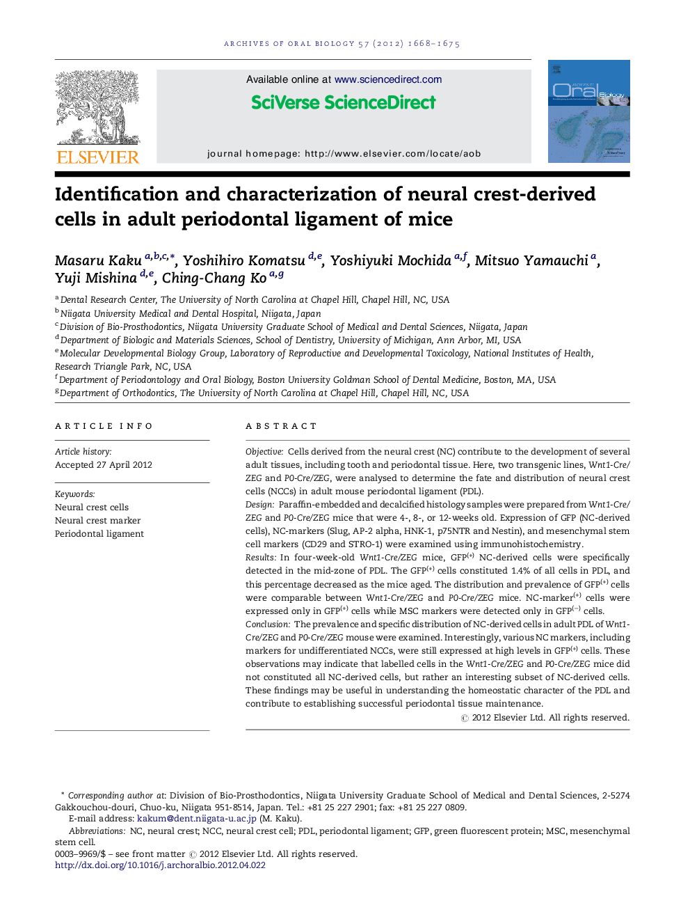 Identification and characterization of neural crest-derived cells in adult periodontal ligament of mice