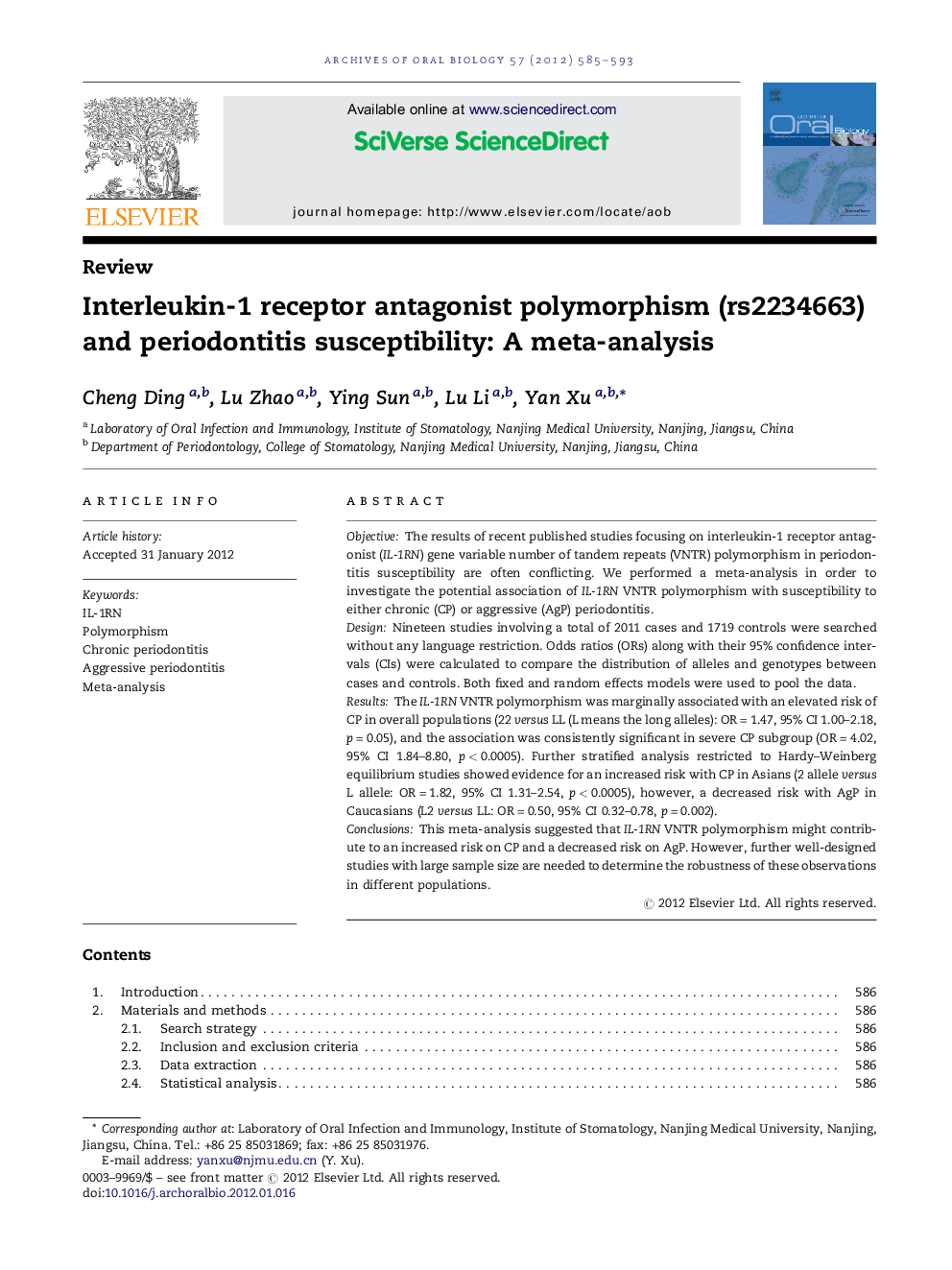 Interleukin-1 receptor antagonist polymorphism (rs2234663) and periodontitis susceptibility: A meta-analysis