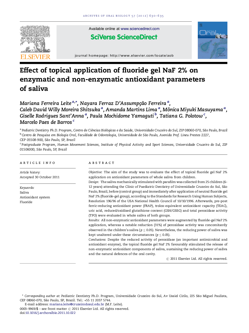 Effect of topical application of fluoride gel NaF 2% on enzymatic and non-enzymatic antioxidant parameters of saliva