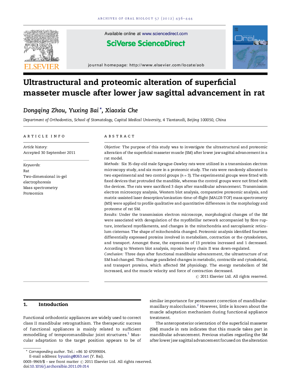 Ultrastructural and proteomic alteration of superficial masseter muscle after lower jaw sagittal advancement in rat