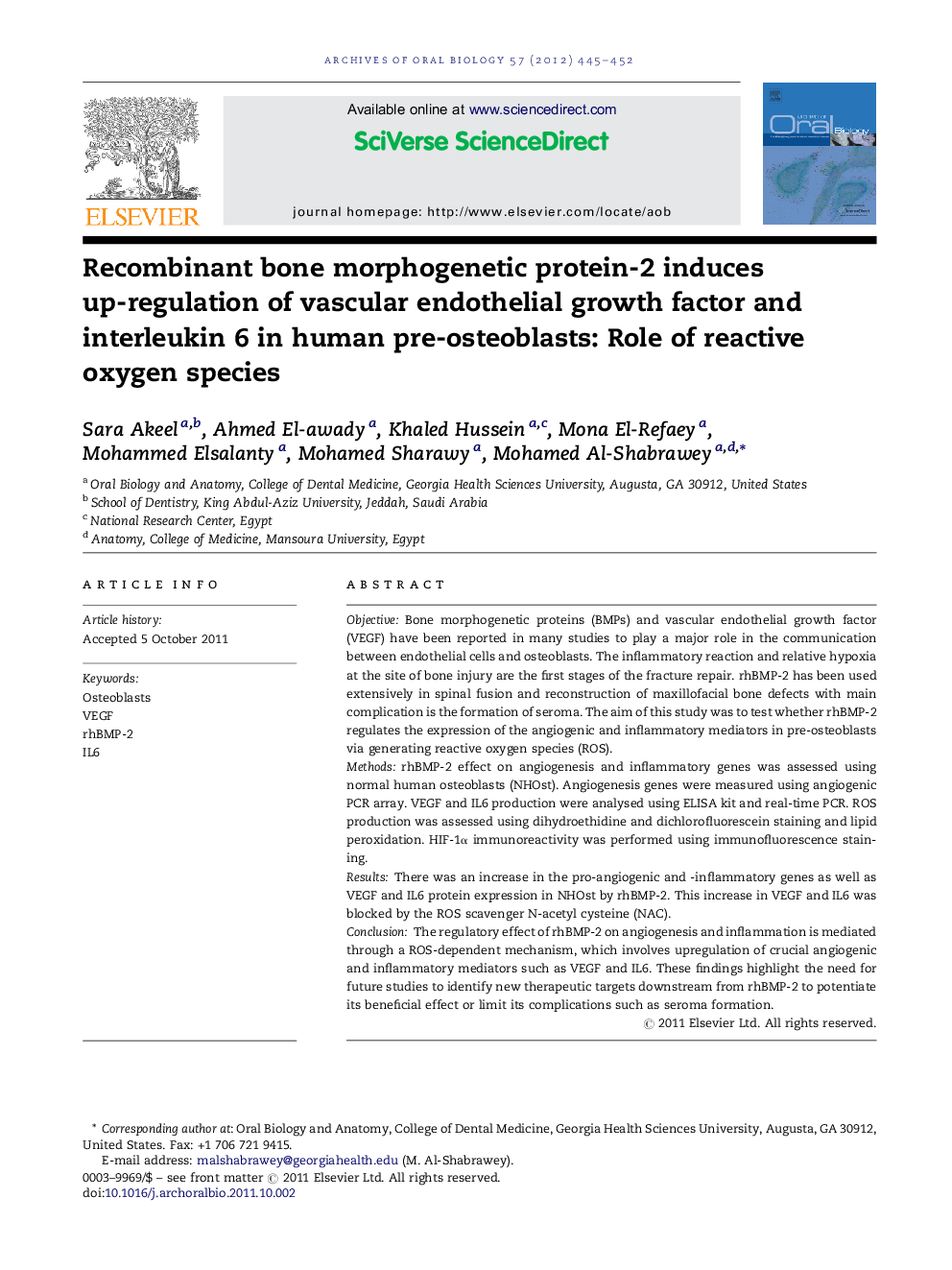 Recombinant bone morphogenetic protein-2 induces up-regulation of vascular endothelial growth factor and interleukin 6 in human pre-osteoblasts: Role of reactive oxygen species